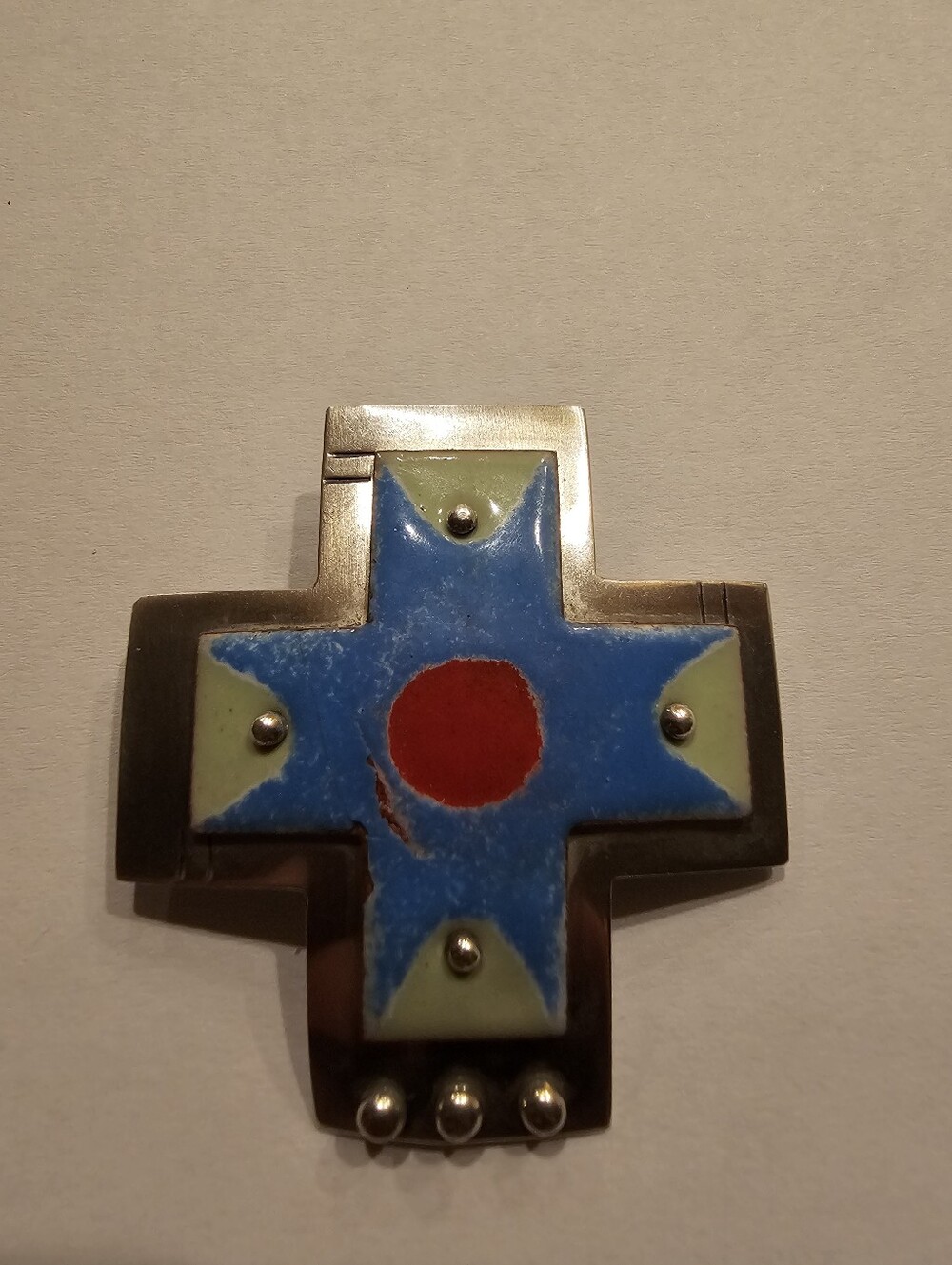 Signed Maria Goler Baca Sterling Silver & Enamel Cross Pendant - New Mexico